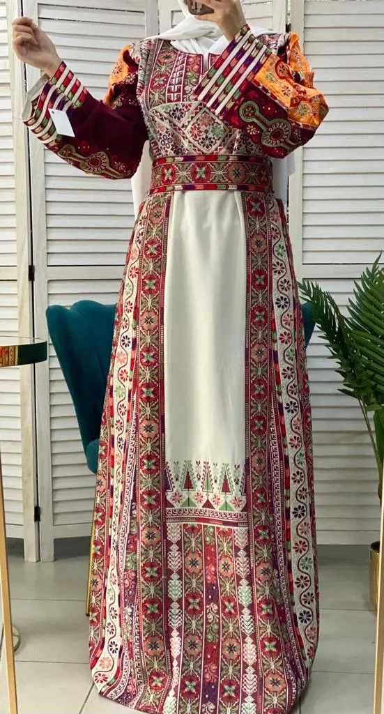 Very Unique White Palestinian Embroidered Dress with Satin and Manajil and Qasab Embroidery Details