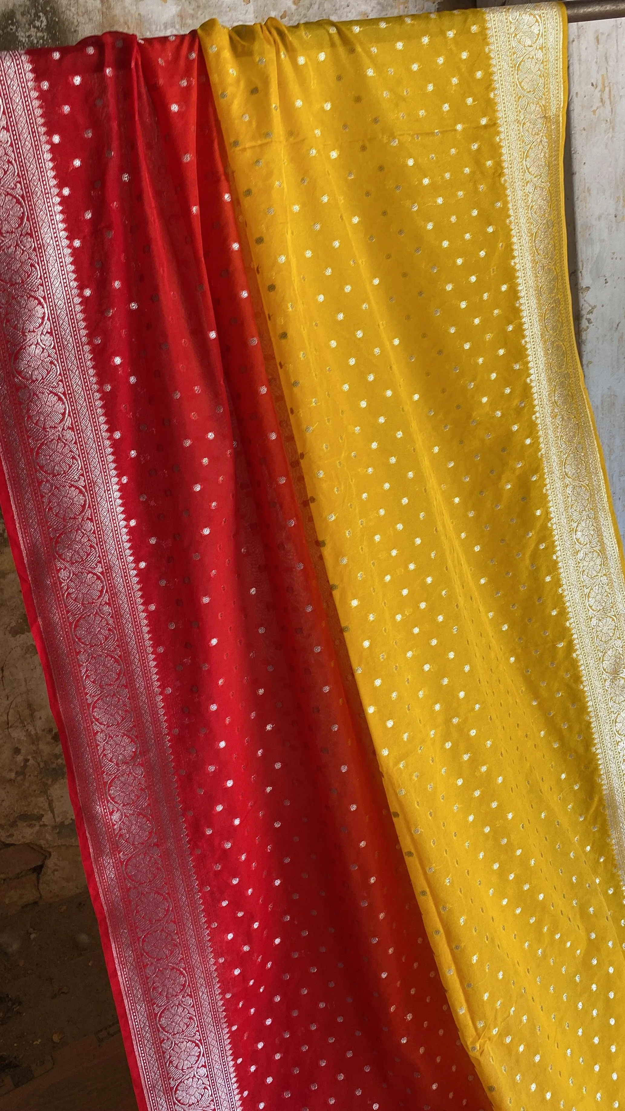 Vibrant and Timeless: Handwoven Yellow & Red Pure Chiffon Banarasi Sari