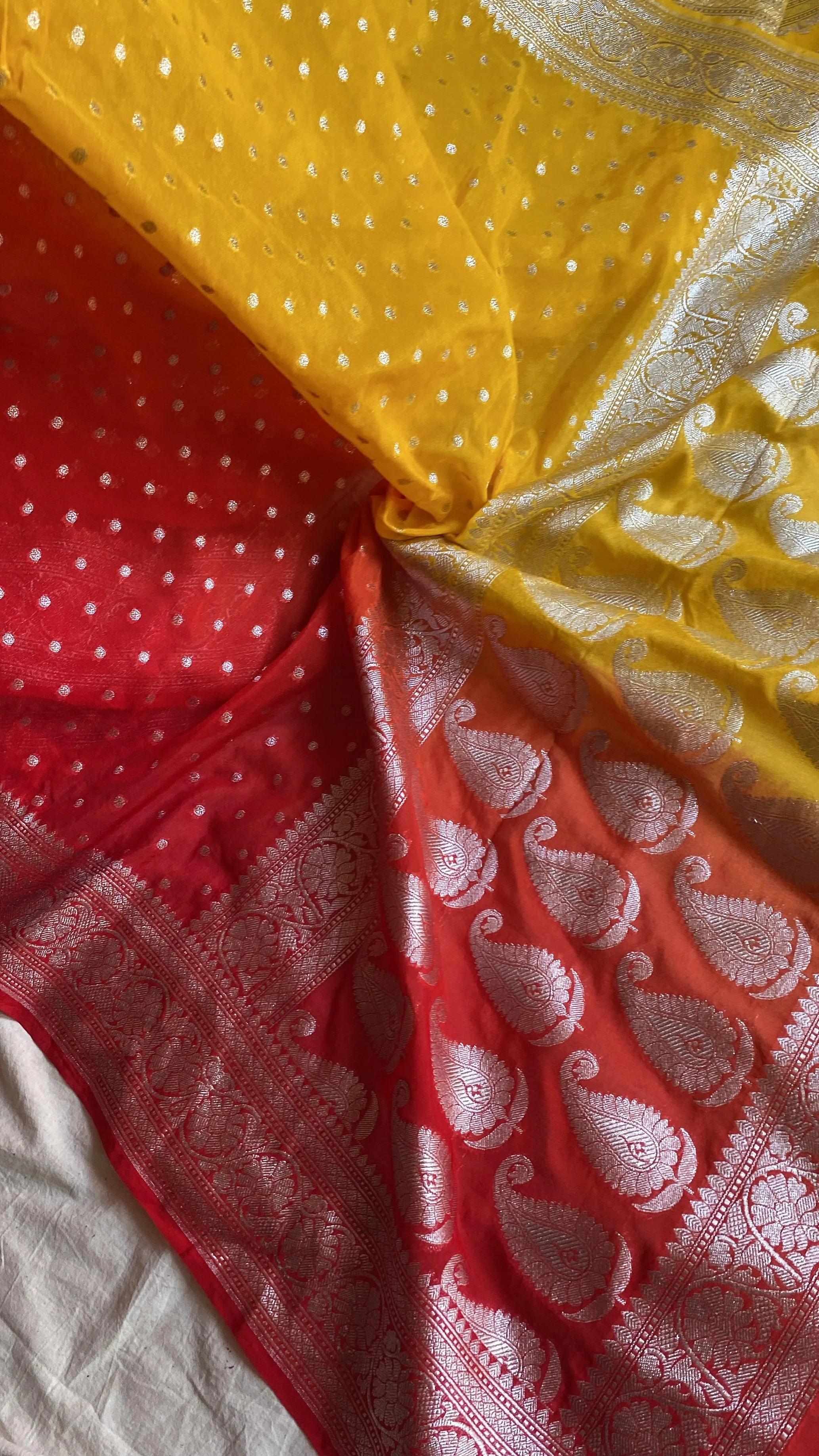 Vibrant and Timeless: Handwoven Yellow & Red Pure Chiffon Banarasi Sari