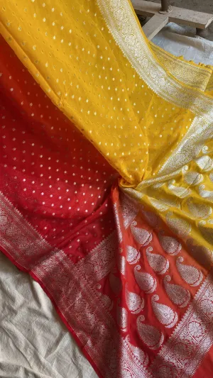 Vibrant and Timeless: Handwoven Yellow & Red Pure Chiffon Banarasi Sari