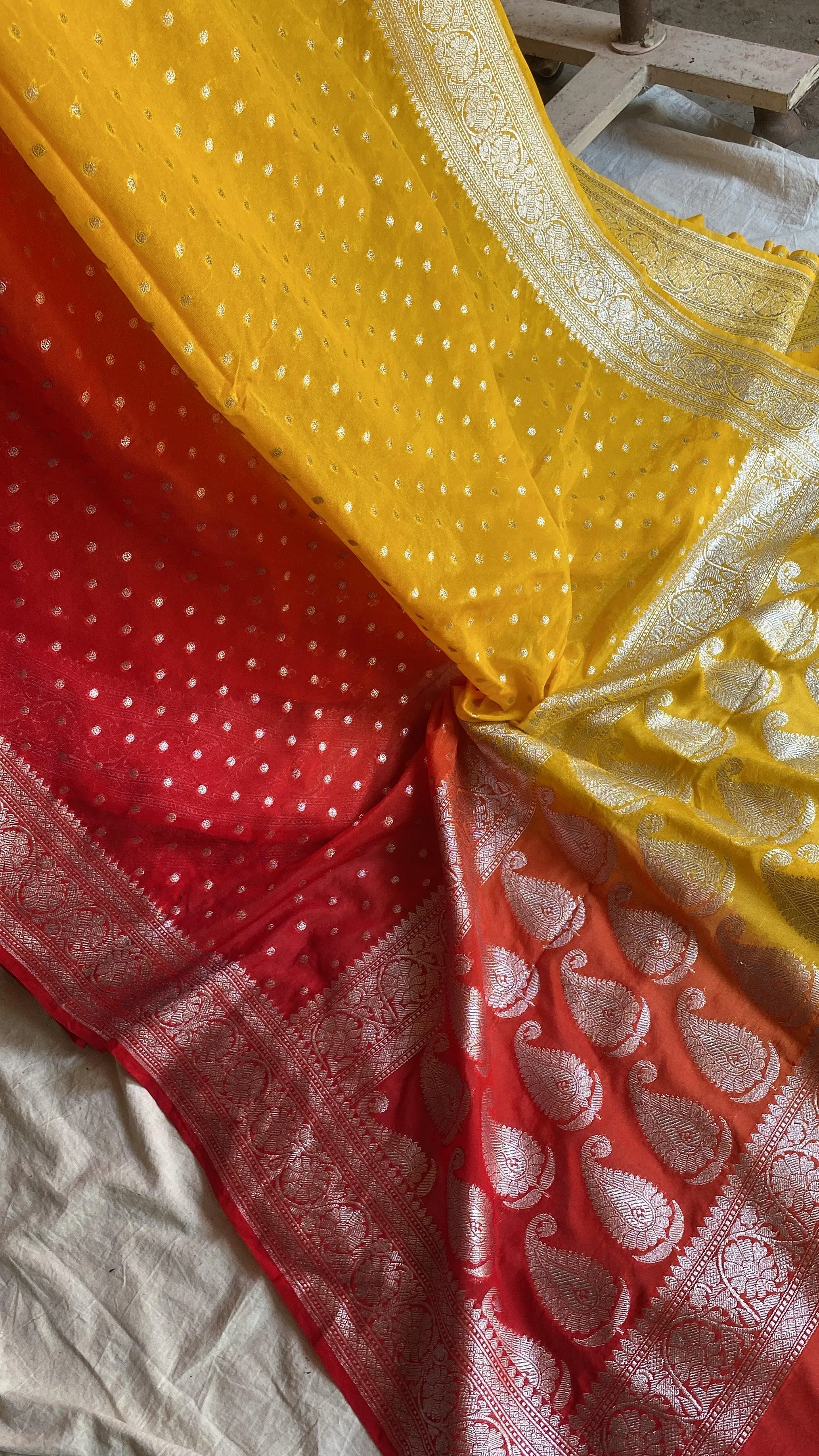 Vibrant and Timeless: Handwoven Yellow & Red Pure Chiffon Banarasi Sari