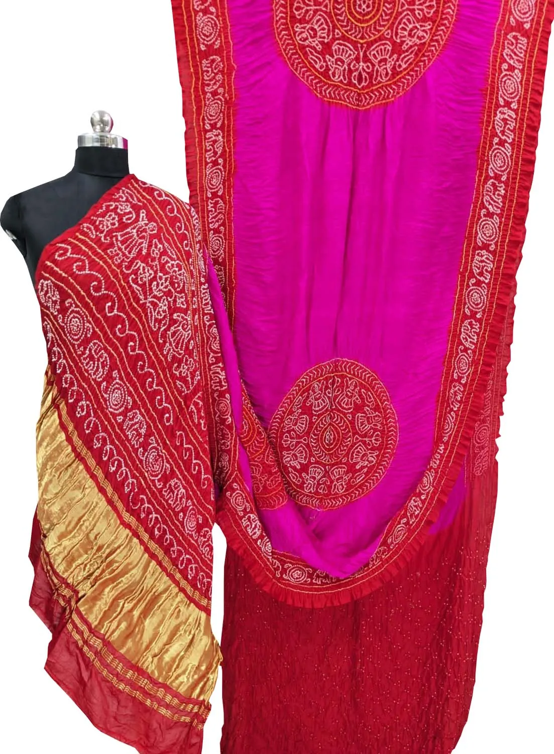 Vibrant Red & Pink Bandhani Gajji Silk Saree