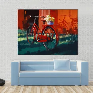 Vintage Bicycle With Bucket Full Of Flowers Canvas Wall Art