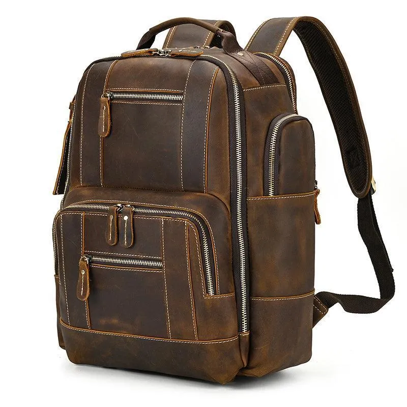 Vintage Brown Leather Backpack Multiple Compartments Travel