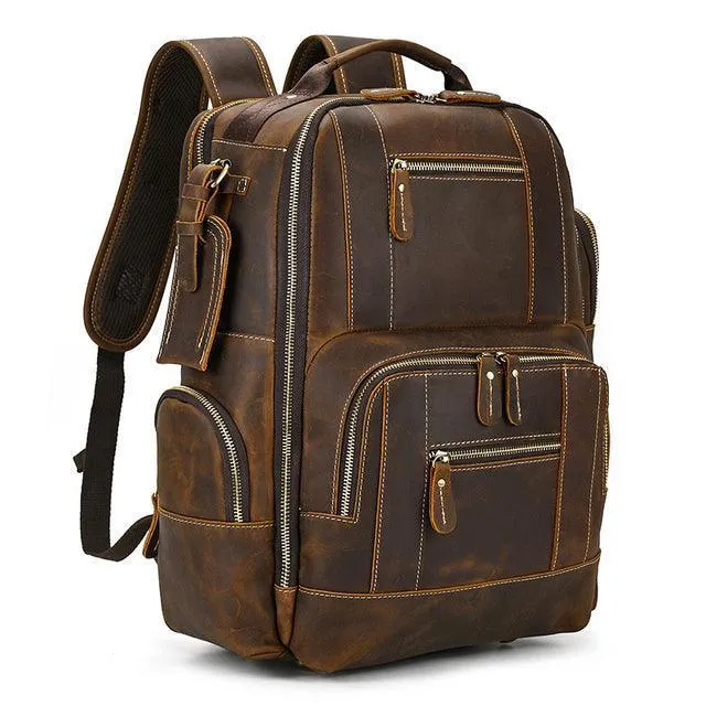 Vintage Brown Leather Backpack Multiple Compartments Travel