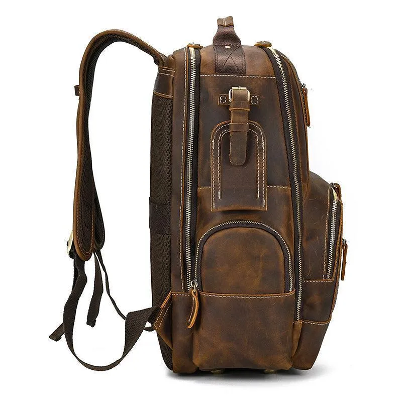 Vintage Brown Leather Backpack Multiple Compartments Travel