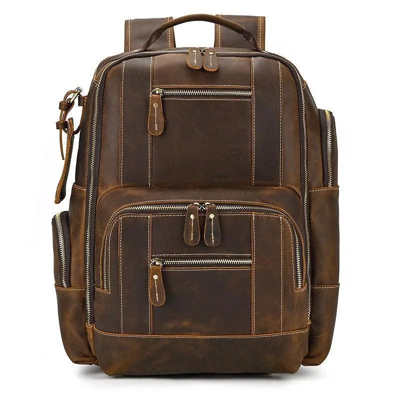 Vintage Brown Leather Backpack Multiple Compartments Travel