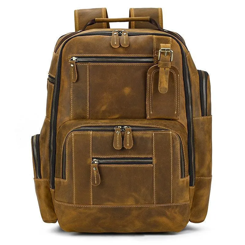 Vintage Brown Leather Backpack Multiple Compartments Travel