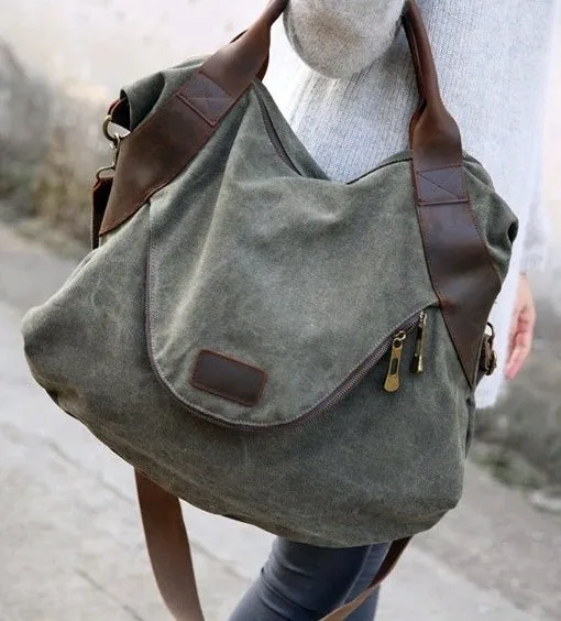 Vintage Canvas Stoff Leder Tasche Schultertasche Damen