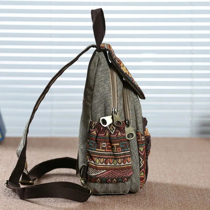 Vintage Embroidery Ethnic Canvas Backpack / Women Handmade Flower Embroidered Travel Bags