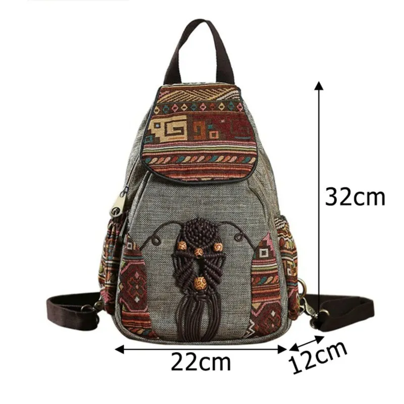 Vintage Embroidery Ethnic Canvas Backpack / Women Handmade Flower Embroidered Travel Bags