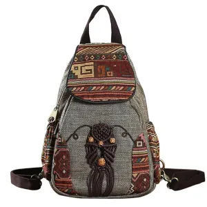 Vintage Embroidery Ethnic Canvas Backpack / Women Handmade Flower Embroidered Travel Bags