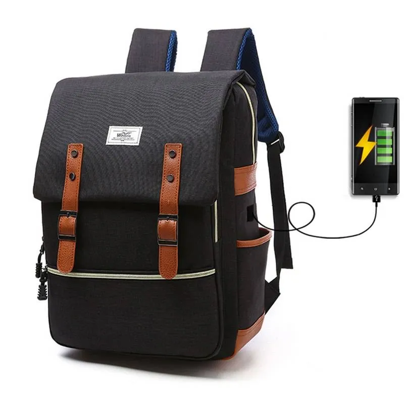 Vintage men women canvas backpacks school bags for teenage girls laptop backpack with USB charging fashion travel