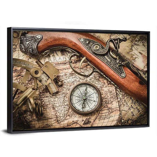 Vintage Still Life With Compass Sextant And Spyglass Canvas Wall Art