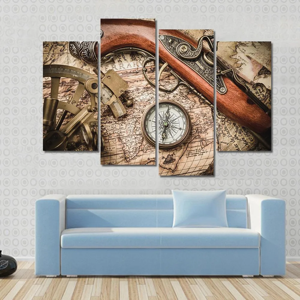 Vintage Still Life With Compass Sextant And Spyglass Canvas Wall Art