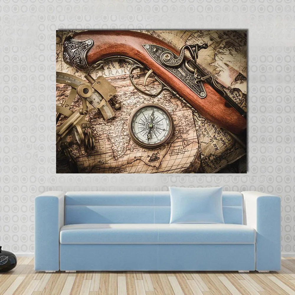 Vintage Still Life With Compass Sextant And Spyglass Canvas Wall Art