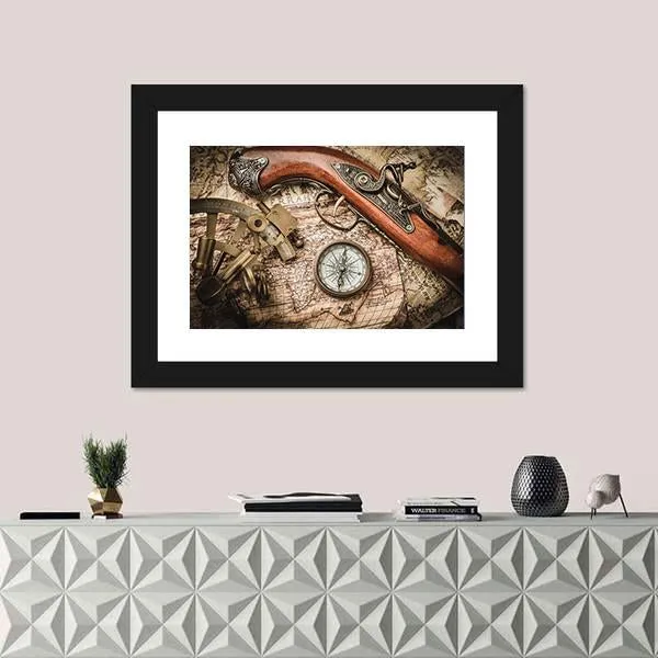 Vintage Still Life With Compass Sextant And Spyglass Canvas Wall Art