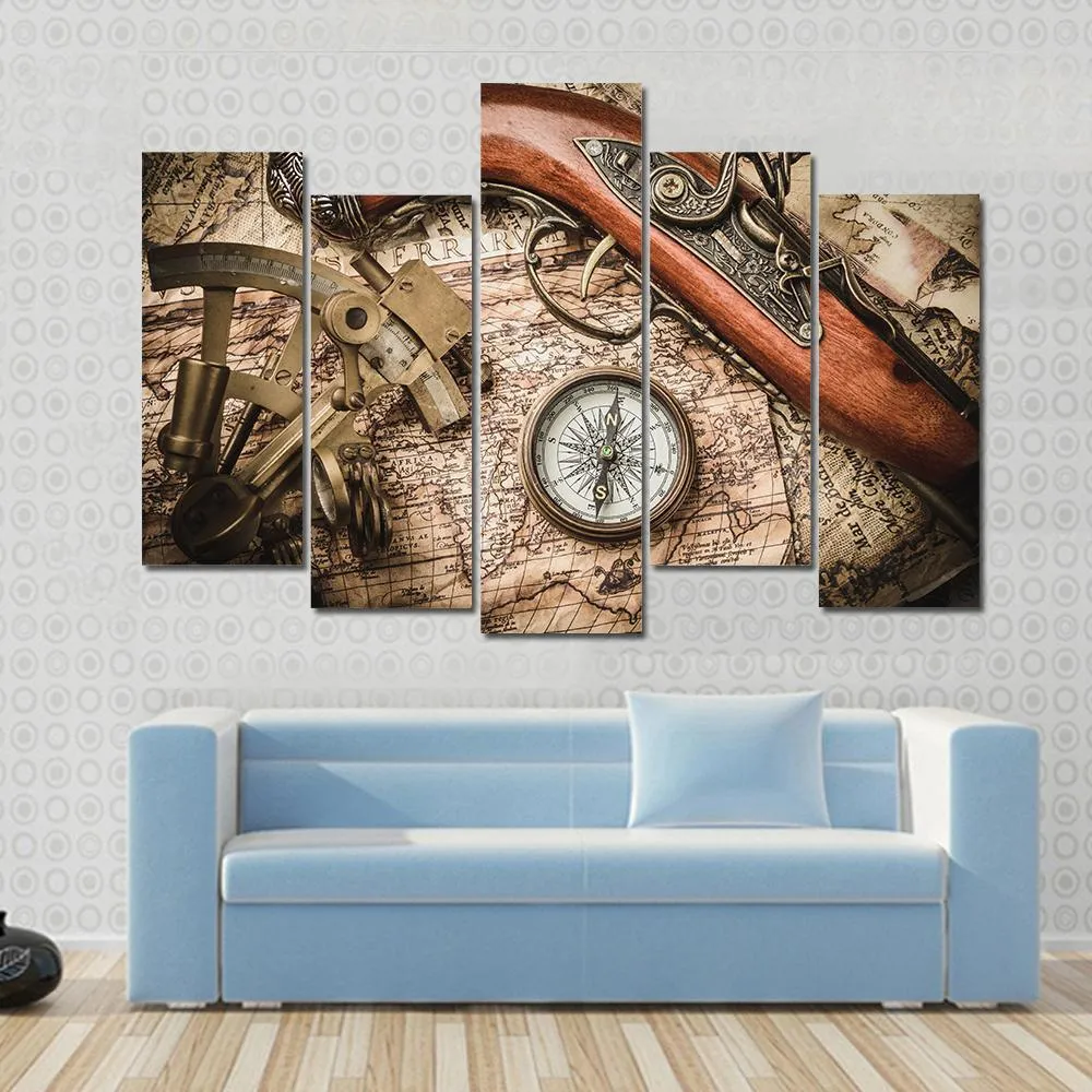 Vintage Still Life With Compass Sextant And Spyglass Canvas Wall Art