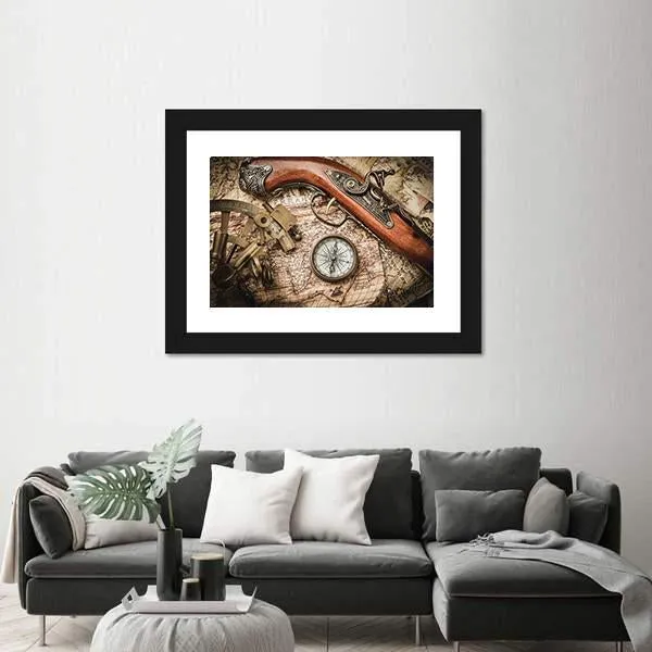 Vintage Still Life With Compass Sextant And Spyglass Canvas Wall Art