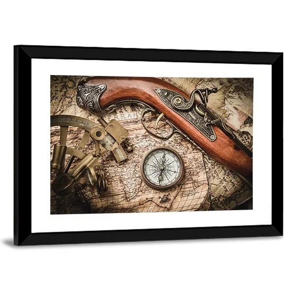 Vintage Still Life With Compass Sextant And Spyglass Canvas Wall Art