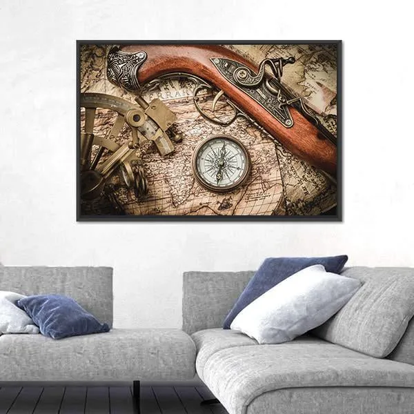 Vintage Still Life With Compass Sextant And Spyglass Canvas Wall Art