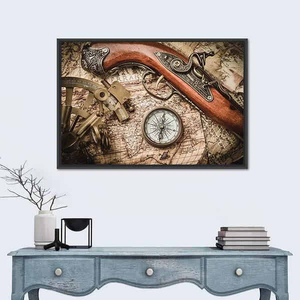 Vintage Still Life With Compass Sextant And Spyglass Canvas Wall Art