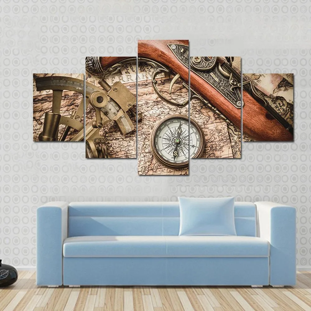 Vintage Still Life With Compass Sextant And Spyglass Canvas Wall Art