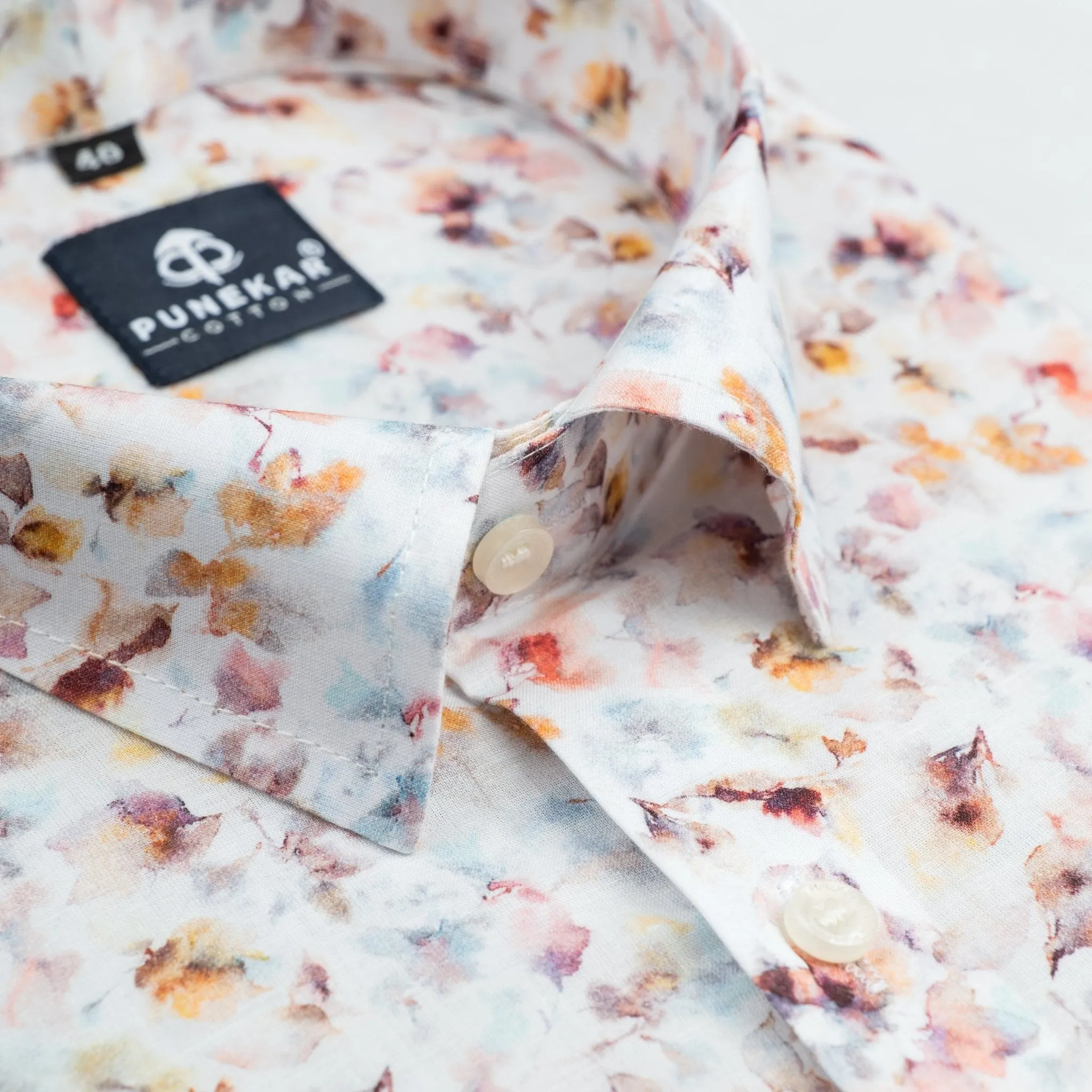 White Flower Palette Printed Wool Cotton Shirt For Men