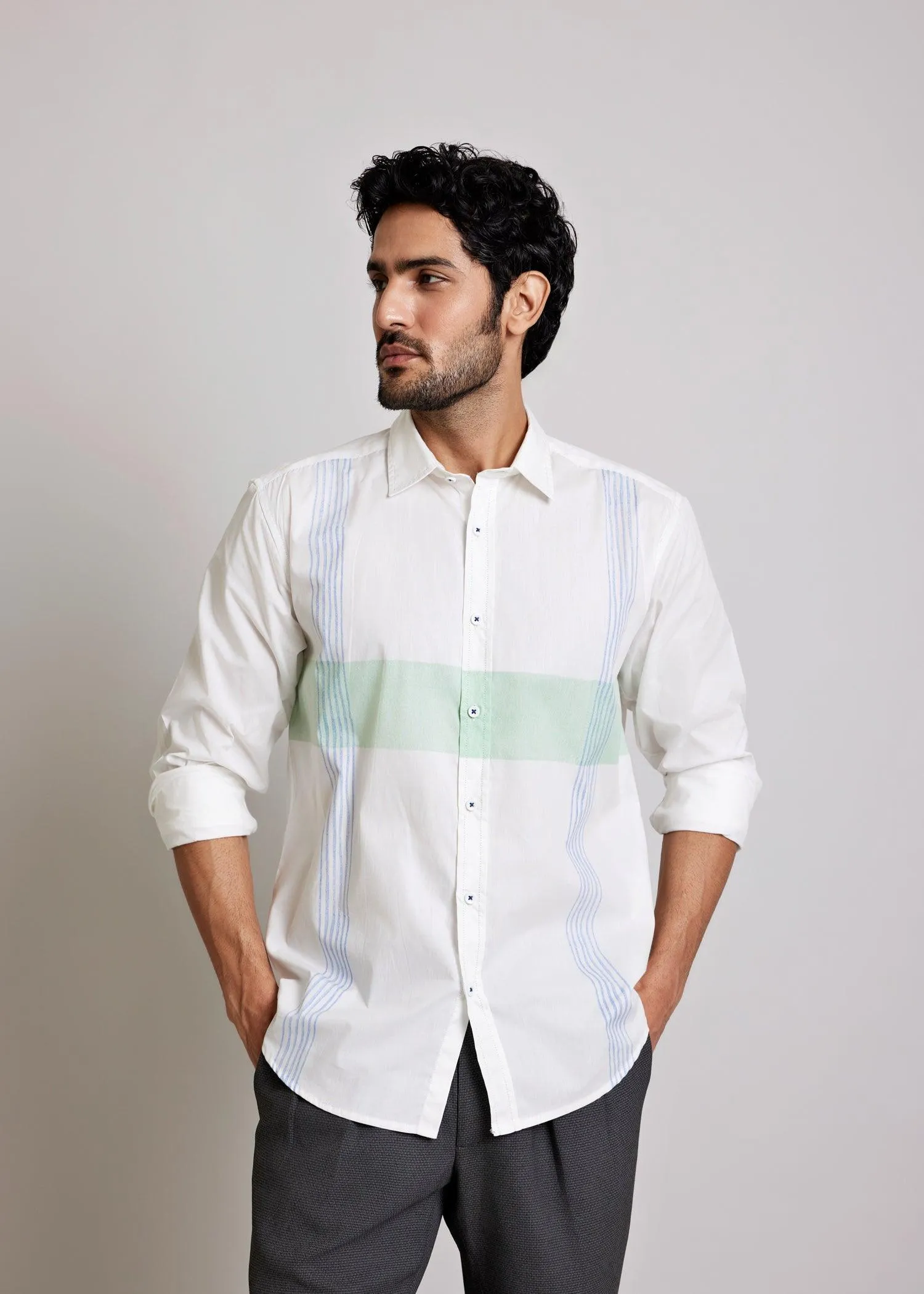 White, Green & Blue Regular Cotton Full Sleeve Shirt