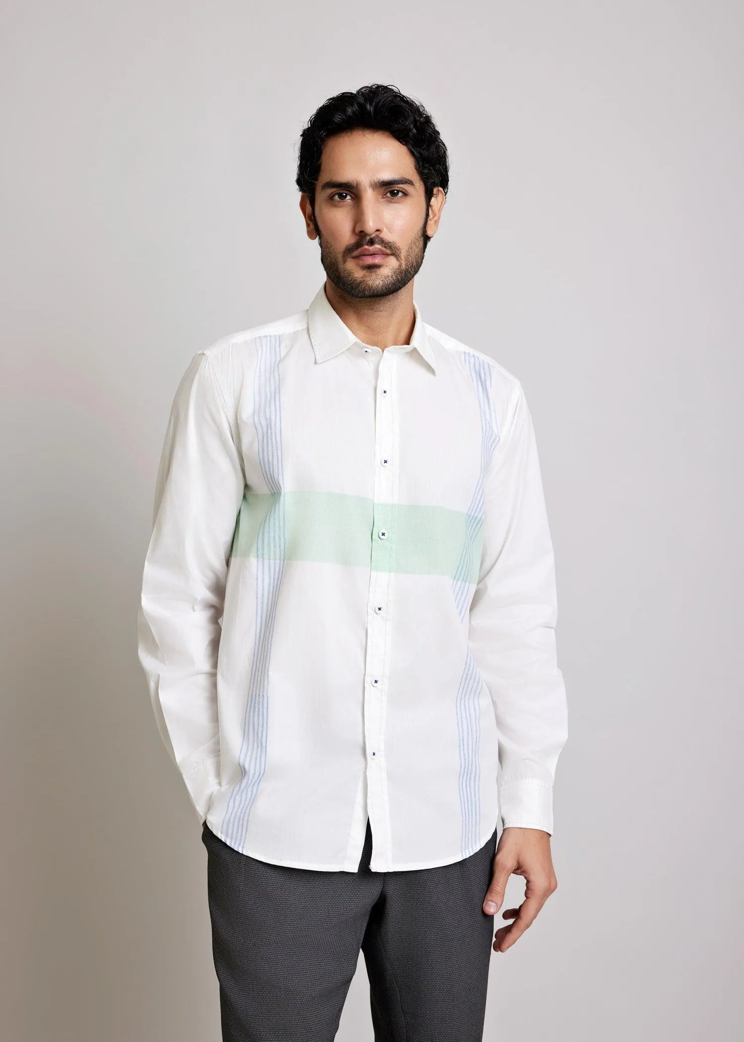 White, Green & Blue Regular Cotton Full Sleeve Shirt