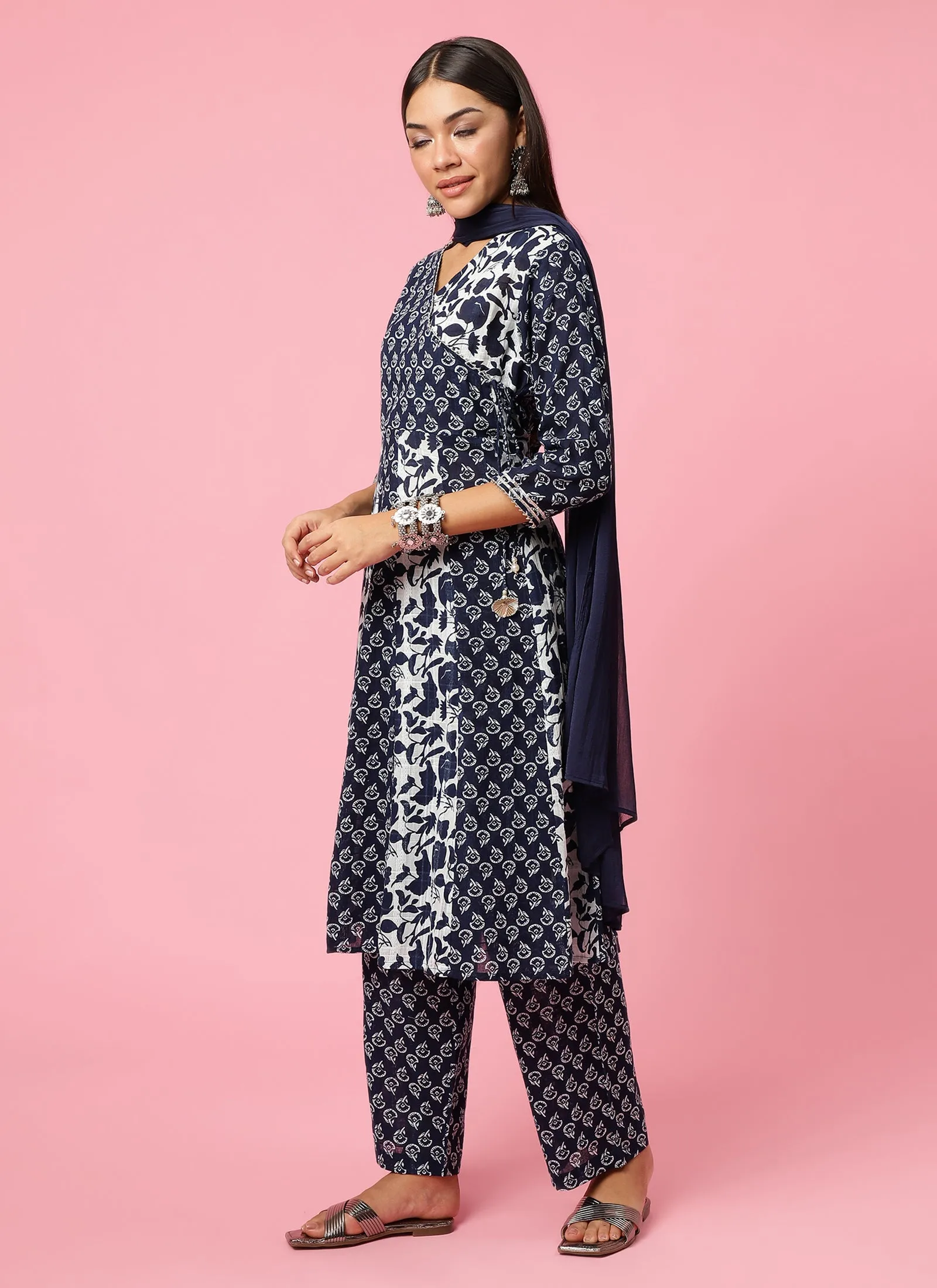 Women Navy Blue Floral Printed Kurta Comfort Pant Dupatta