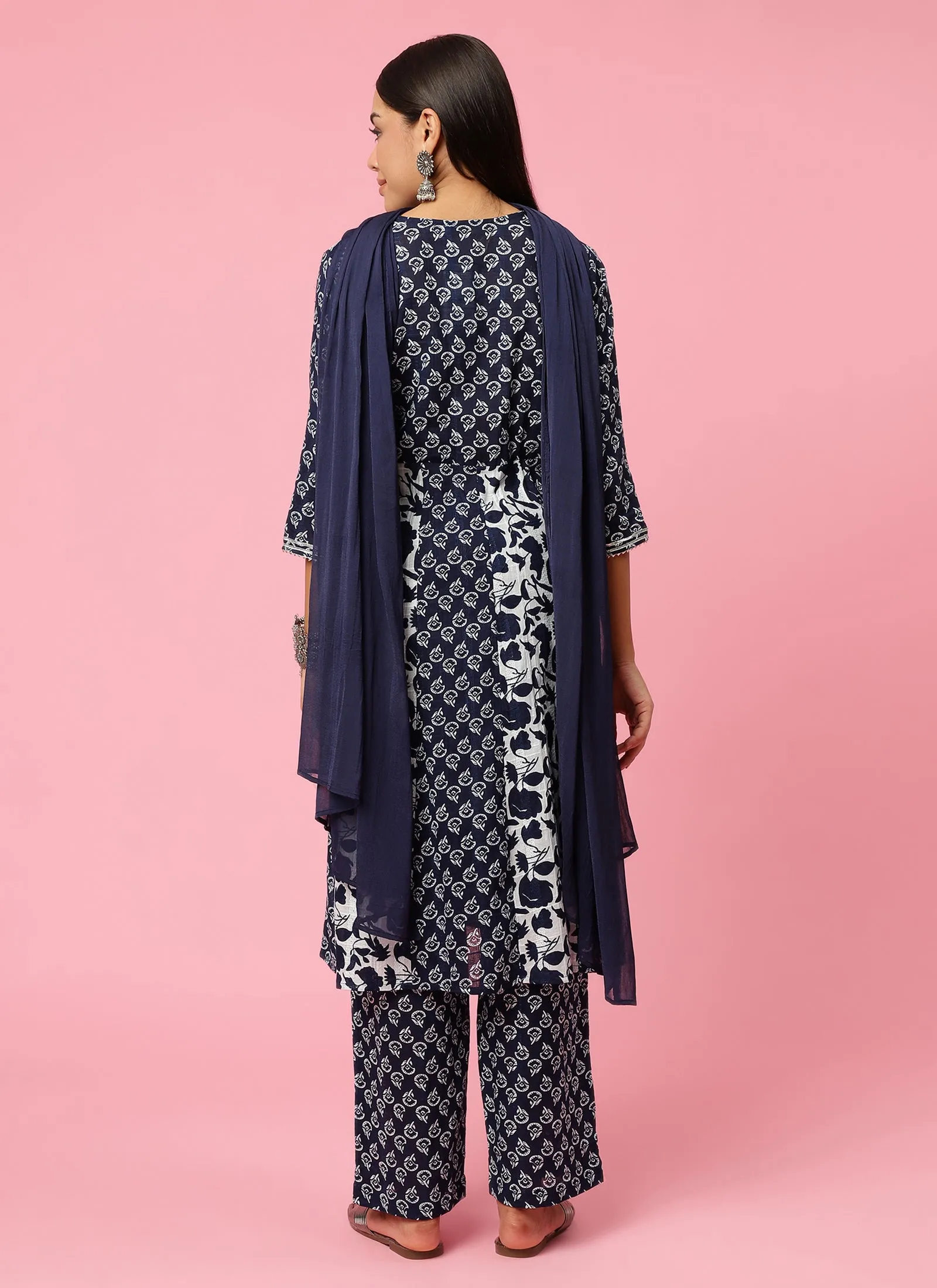 Women Navy Blue Floral Printed Kurta Comfort Pant Dupatta