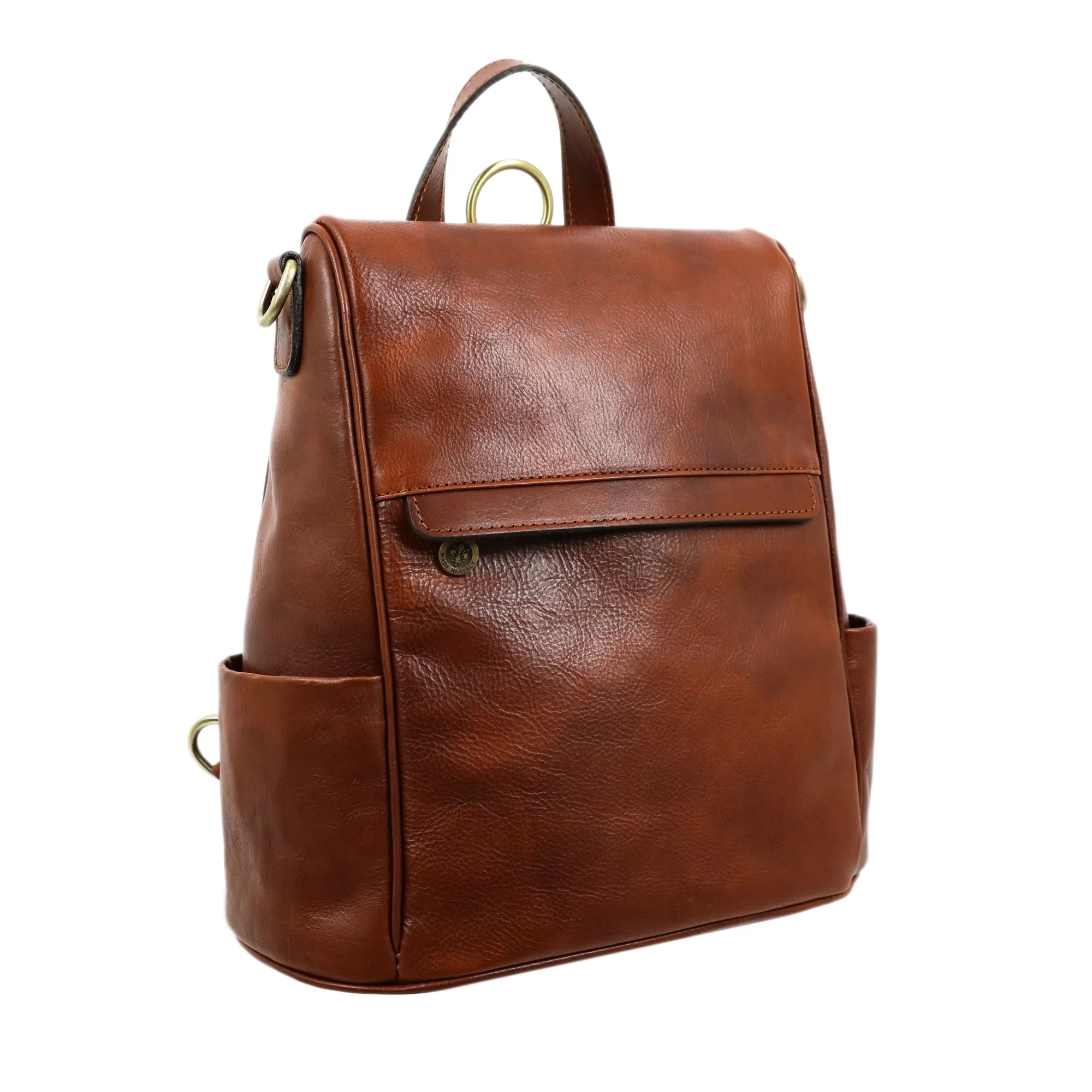 Womens Cognac Brown Leather Convertible Backpack Shoulder Bag - The Waves