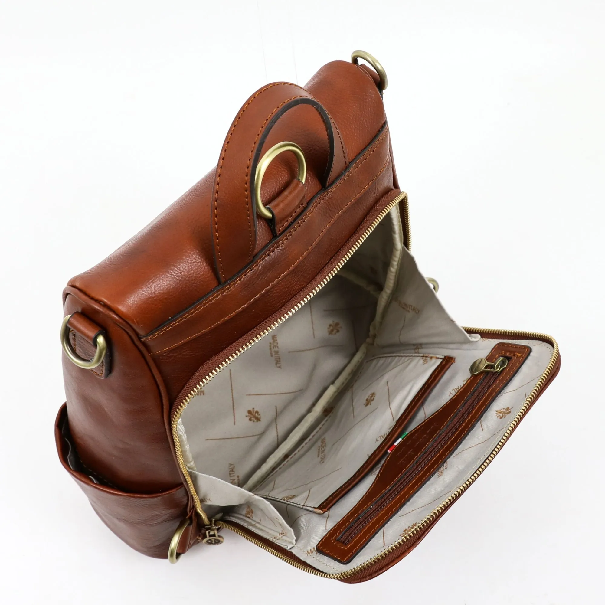 Womens Cognac Brown Leather Convertible Backpack Shoulder Bag - The Waves