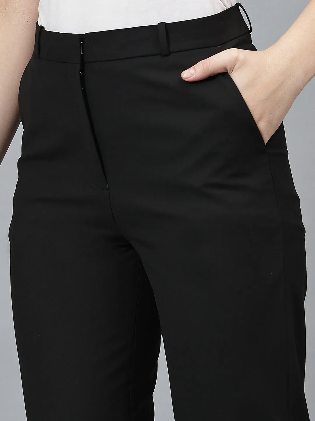 Women's Solid Black Full length Mid Rise Trousers