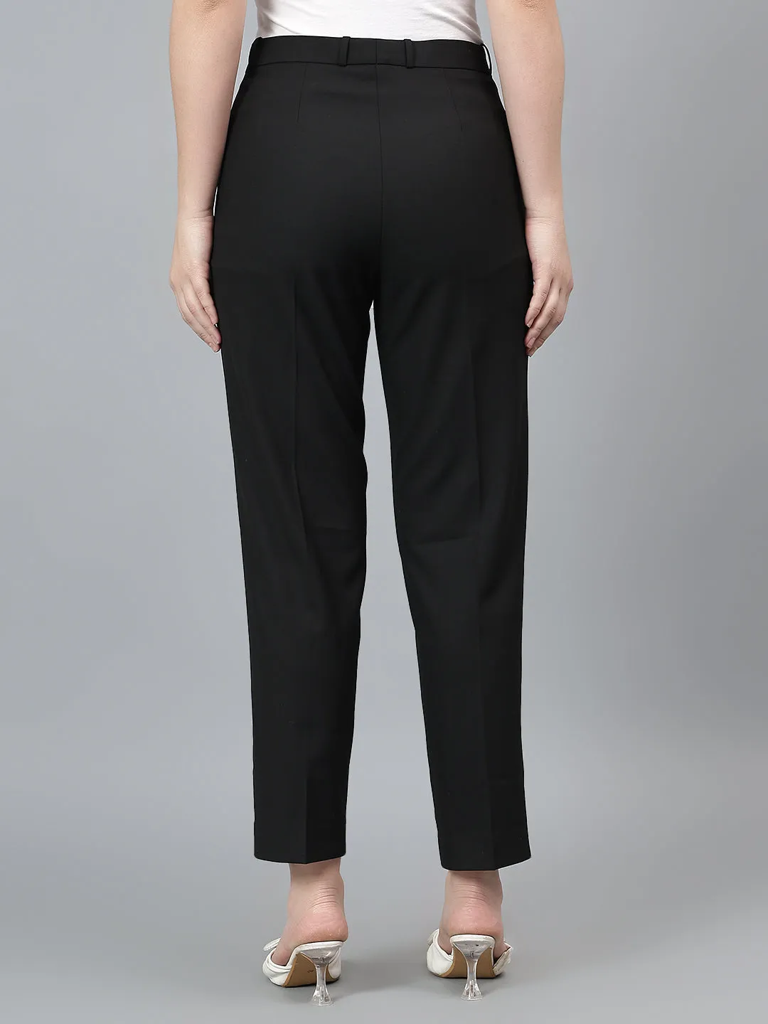 Women's Solid Black Full length Mid Rise Trousers