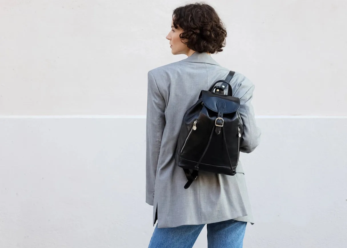 Womens Tan Leather Backpack - White Noise Black