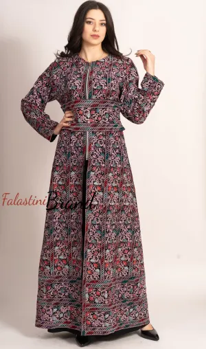 Wonderful Metallic Silver Threads Palestinian Embroidered Thobe Dress Long Sleeve