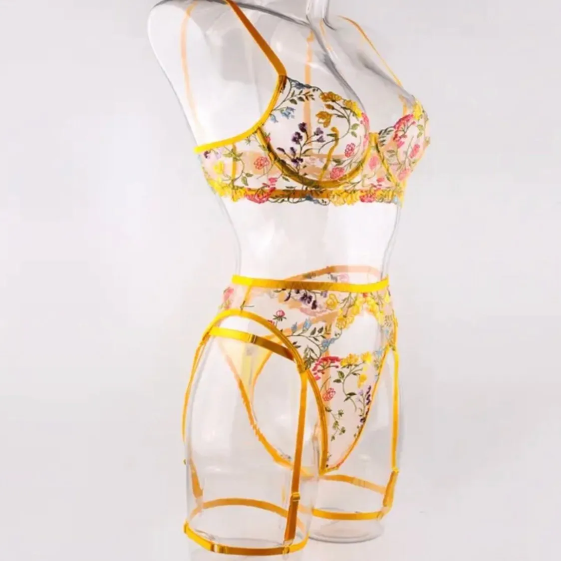 Yellow Lingerie Set Floral Embroidery