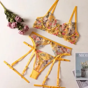 Yellow Lingerie Set Floral Embroidery