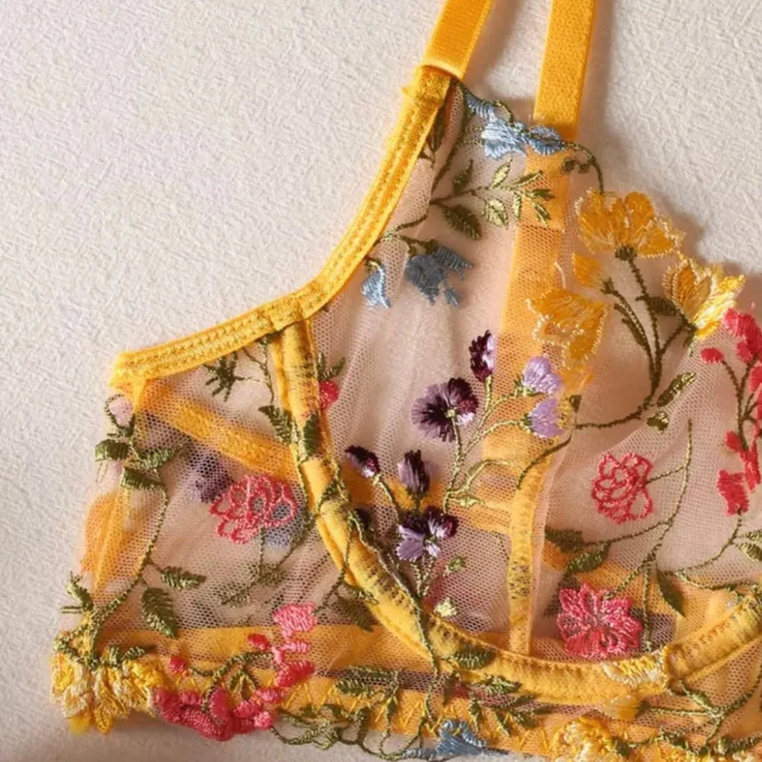 Yellow Lingerie Set Floral Embroidery