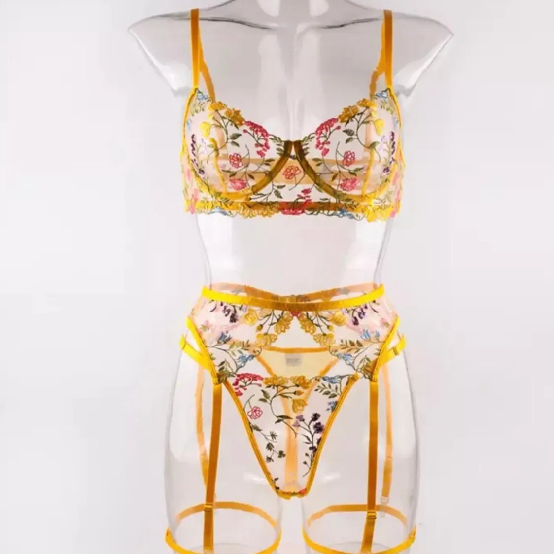 Yellow Lingerie Set Floral Embroidery