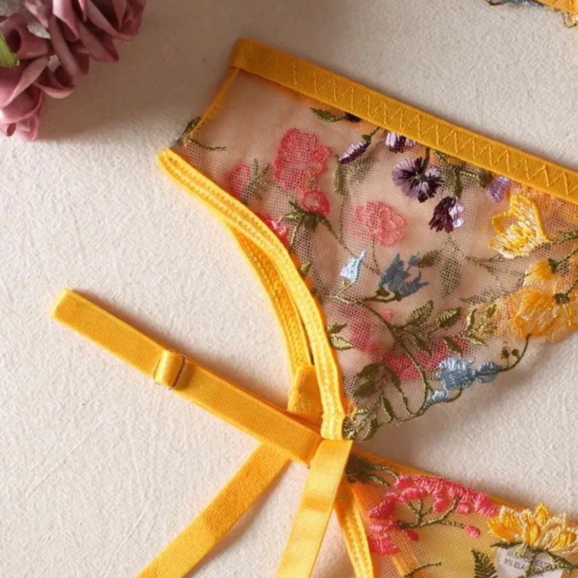 Yellow Lingerie Set Floral Embroidery